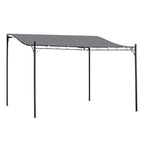 Grey metal wall gazebo canopy with open side panels and slanted fabric roof.