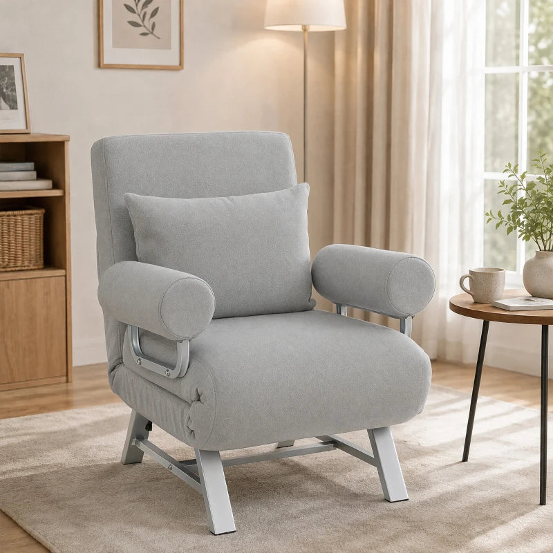 Light grey convertible sofa bed chair with tall backrest and rounded padded armrests