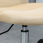 Beige cushioned seat and chrome base post with rolling casters