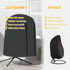 Black egg chair cover with arched canopy, zip closure, and tripod base legs