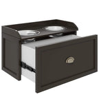 Brown raised dog feeding cabinet with two stainless bowls and side-open storage drawer
