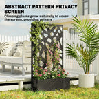 Black metal privacy trellis screen planter with blooming flowers and climbing vines