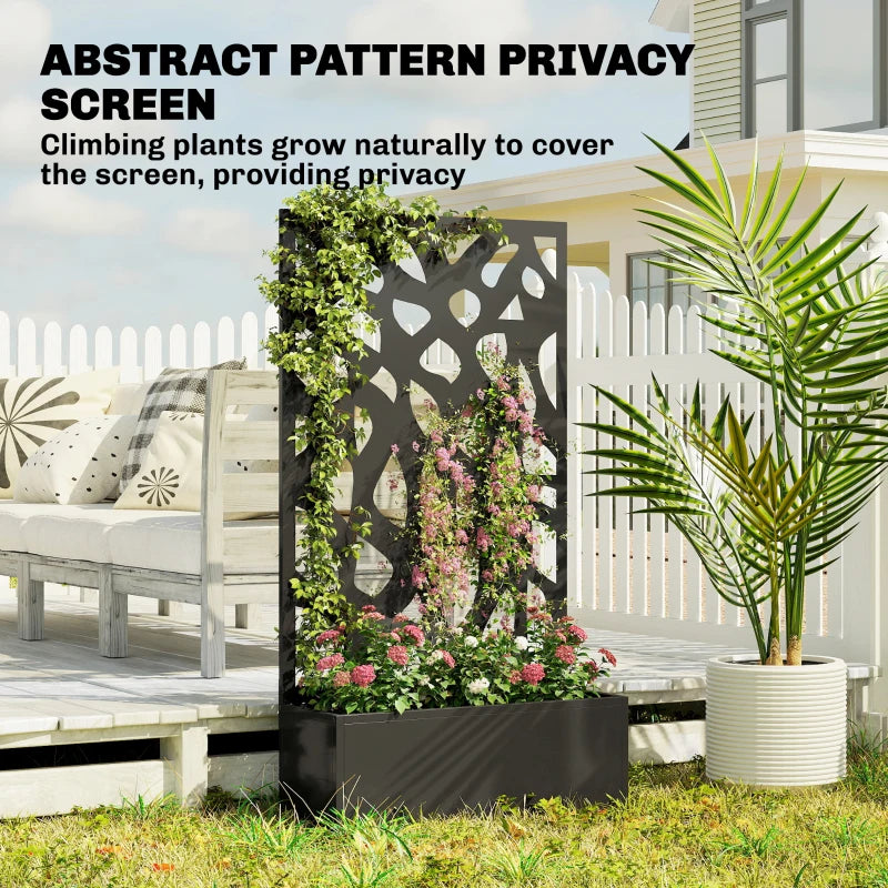 Black metal privacy trellis screen planter with blooming flowers and climbing vines
