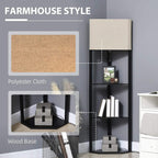 Tall corner floor lamp with beige fabric shade and black open shelves for decor