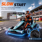 Light blue electric kids go-kart with rider, front view with LED lights.