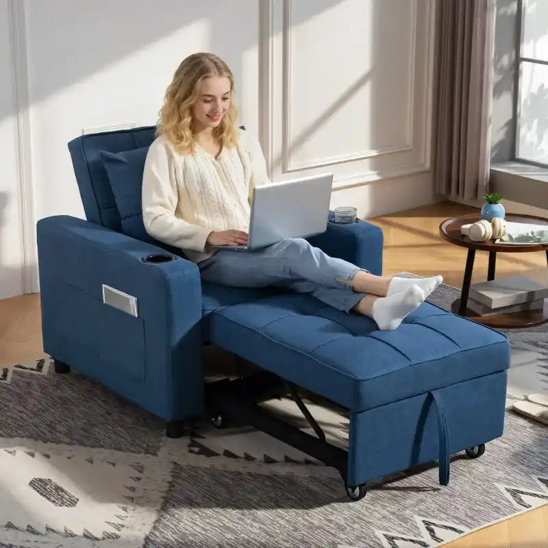 Dark blue 3-in-1 sofa bed with tufted cushions and fold-out chaise base