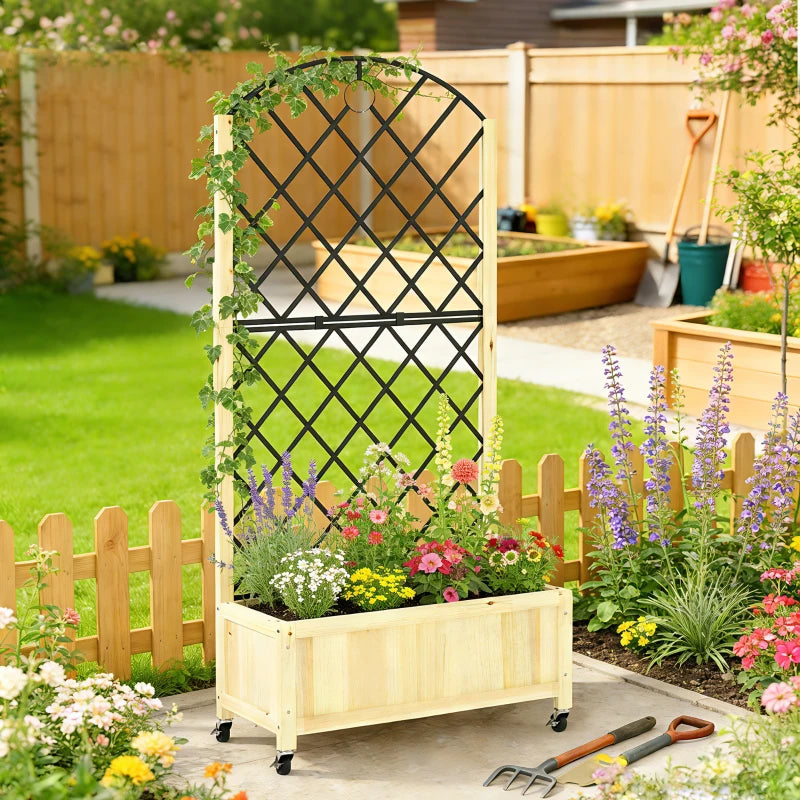 Raised garden planter with black metal trellis, natural wooden bed, and four wheels