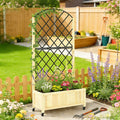 Raised garden planter with black metal trellis, natural wooden bed, and four wheels