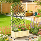 Raised garden planter with black metal trellis, natural wooden bed, and four wheels