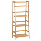 4-tier bamboo ladder shelf with open shelves and side rails, natural wood finish