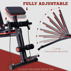 Fully adjustable weight bench with red-trim seat/back pads and ankle elbow supports