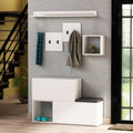 White shoe cabinet with wall hanger hooks, cubby shelves, and open seat storage