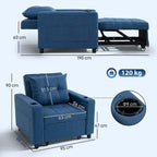 Dark blue sofa bed chair with pull-out bed and displayed dimensions (190 x 95 cm)
