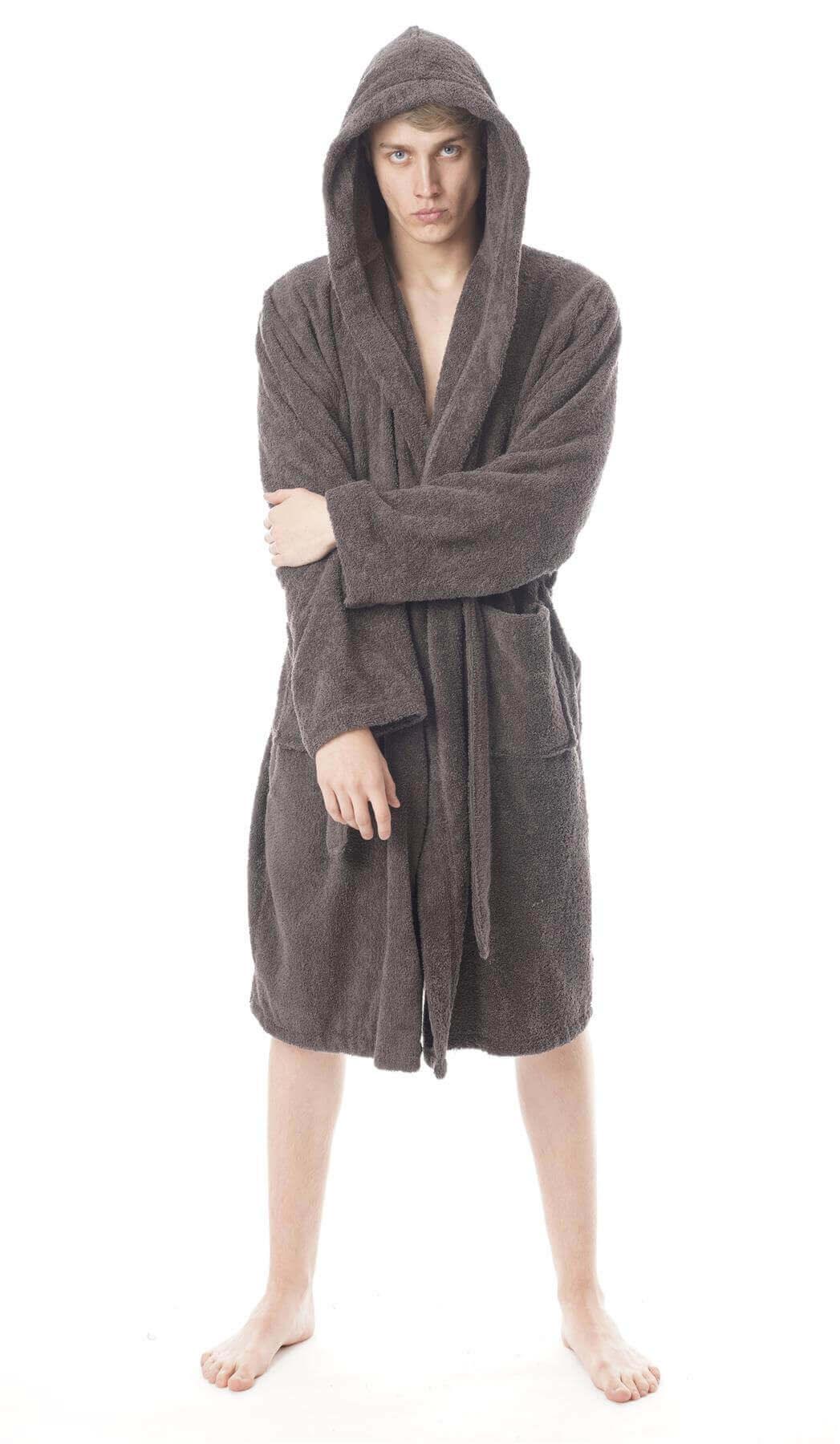 Men's hooded bathrobe in dark gray terry, belted robe with hood and front pocket detail