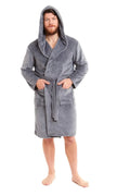 Men's grey hooded plush bathrobe with tie belt and two patch pockets