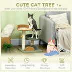 Small cat tree with two raised beds: beige top hammock, dark green perch, scratching posts, toy