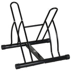 Black two-bike floor parking stand rack with curved wheel cradles and padded base rails