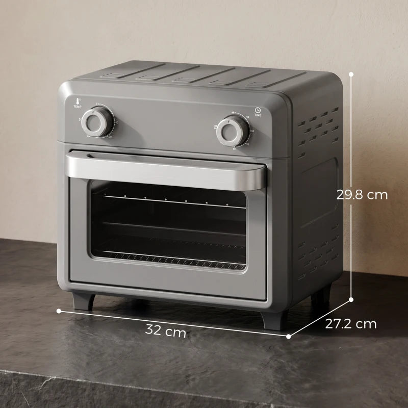 Grey countertop air fryer oven with front window and two control knobs, door closed