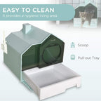 Light blue hooded cat litter box with pull-out tray and dark green entrance door