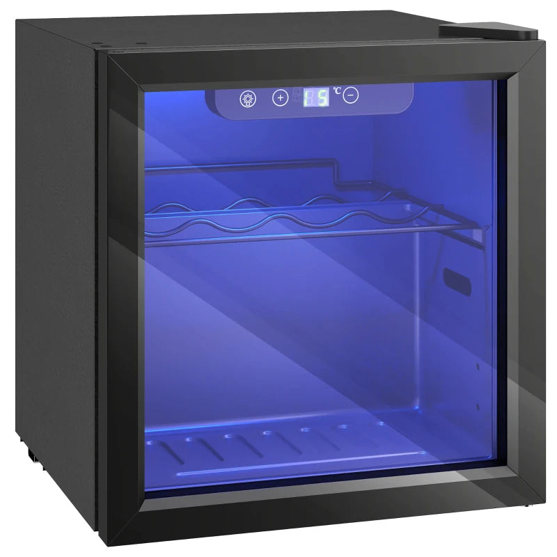 Black tabletop wine cooler with glass door and blue LED interior light, 12-bottle capacity.