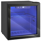 Black tabletop wine cooler with glass door and blue LED interior light, 12-bottle capacity.