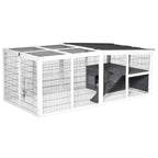 White wire rabbit hutch with enclosed run, open entry and side compartments