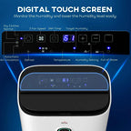 White dehumidifier with digital touch screen and blue-lit control panel, front close-up