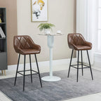 Brown bar chair set of 2 with curved backrest, padded seat, and black metal footrests