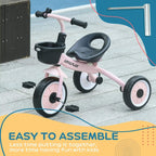 Pink kids tricycle with adjustable seat, front basket, and three EVA-style wheels