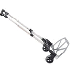 Folding hand truck trolley with telescoping silver frame and black padded grips