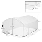 White greenhouse frame and cover with size dimensions shown in diagram