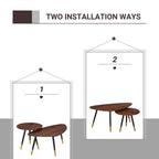Two walnut coffee tables showing separate and nested setup with black legs