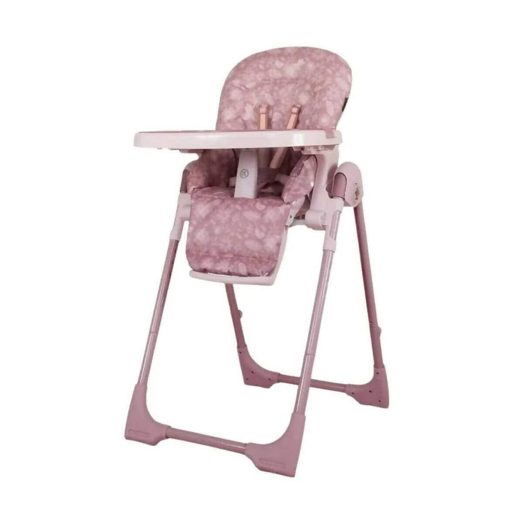 Pink patterned 0+ highchair with padded seat, tray, and safety harness pads