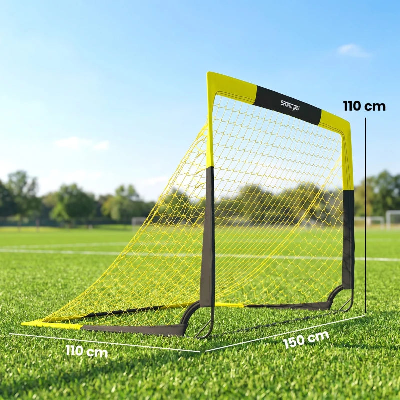 Yellow portable football goal on grass with black posts, with visible size markings