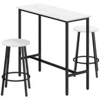White marble-effect bar table with black frame and two matching round stools