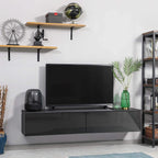 Wall-mounted glossy black TV stand with wide base and two storage cupboards