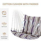 Hammock chair cushion with padded cotton seat and backrest, striped fabric and rope ties