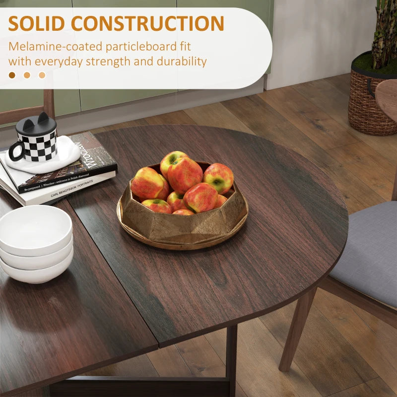 Oval dark brown wood-look folding dining table with smooth tabletop and beveled edge