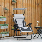 Grey reclining patio lounger chair with shade cover, side tray, and cup holder