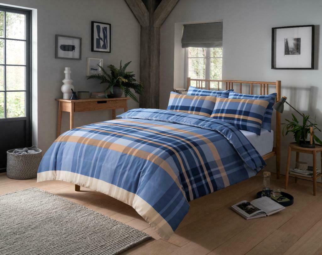 Hudson Luxurious Cotton Rich Duvet Set with Reversible Check Design and Vibrant Colours in Single Double and King Sizes for Modern Bedroom Decor