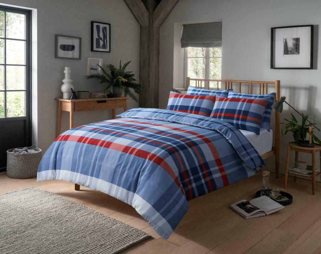 Hudson Luxurious Cotton Rich Duvet Set with Reversible Check Design and Vibrant Colours in Single Double and King Sizes for Modern Bedroom Decor