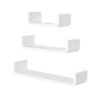 Three white floating wall shelves with curved cutouts, shown as separate pieces.