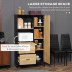 Freestanding kitchen cupboard with open shelves and two drawers, natural wood door panel