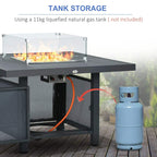 Outdoor gas fire pit table with tank storage compartment and clear glass fire screen