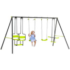 Green metal garden swing set with double swing seats and glider attachment.