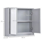 Grey wall mirror cabinet with two open doors and interior storage shelves