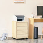 Four-drawer filing cabinet with natural wood finish and rolling casters