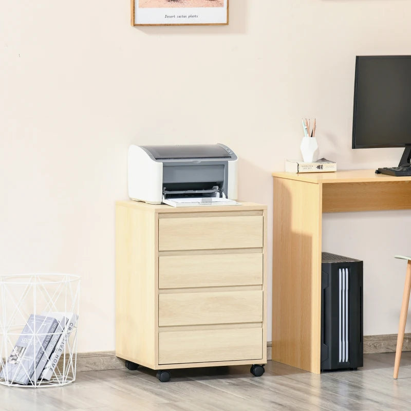Four-drawer filing cabinet with natural wood finish and rolling casters