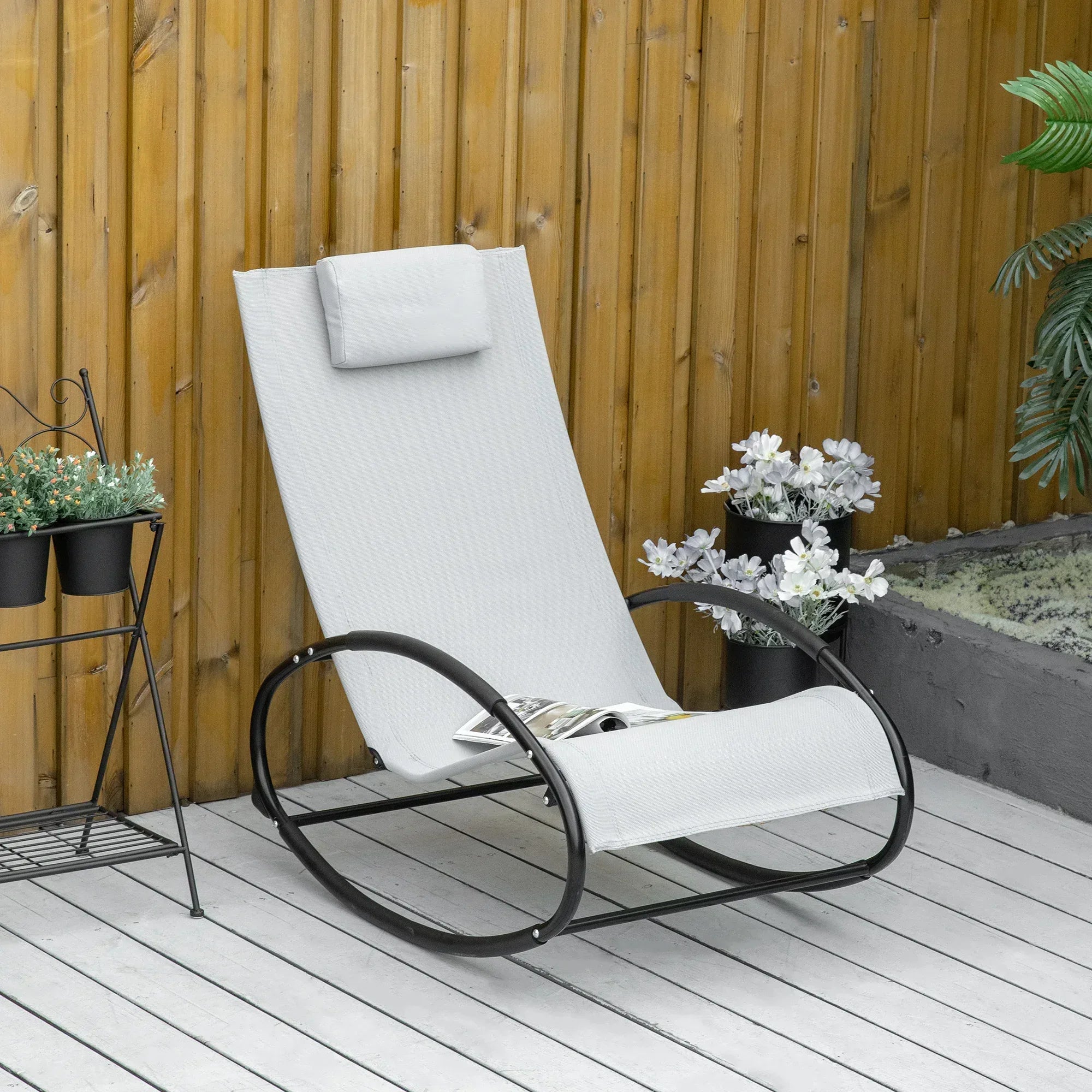 Outdoor Rocking Chair Sun Lounger Recliner Rocker with Texteline Fabric Patio Garden Relaxer with Pillow Grey - Bobobiy