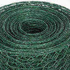 Coiled dark green PVC-coated hexagonal wire mesh roll, tight wound netting